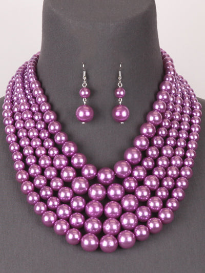 Purple Plastic Pearl Necklace, Purple Womens Fashion Pearl Statement Necklace Set, Gift for Soror