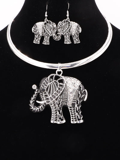 Elephant Pendant Choker Set, Gift for Her, Black Elephant Choker and Earrings Set, Ethnic Necklace, Gift for Soror