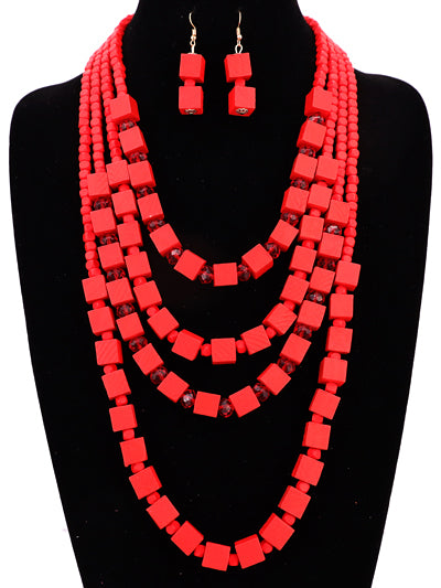 Womens Red Wooden Block Fashion Layered Multi Strand Necklace Set, Red Womens Statement Necklace, Gift for Her