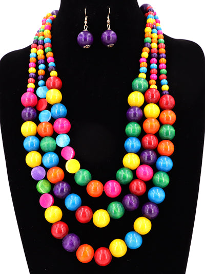 Womens Fashion Layered Ball Multi Color Wood Statement Necklace, Gift for Soror