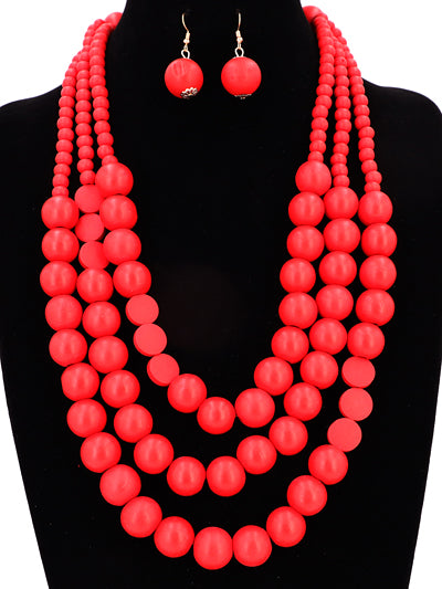 Womens Red Wooden Flat Fashion Layered Multi Strand Necklace Set, Red Womens Statement Necklace, Gift for Her