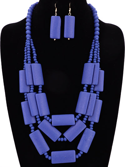 Womens Blue Wooden Flat Fashion Layered Multi Strand Necklace Set, Statement Necklace, Gift for Her