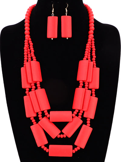 Womens Red Wooden Flat Fashion Layered 3 Strand Necklace Set, Red Womens Statement Necklace, Gift for Her