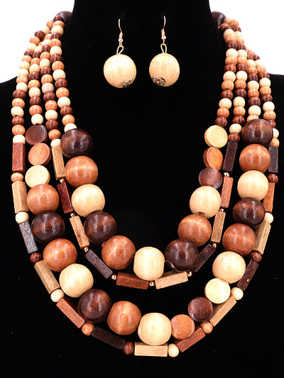 Fashion Womens Wooden Brown Colored Ball Layered Necklace, Layered Statement Necklace Set