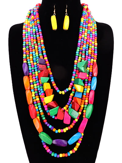 Womens Fashion Layered Multi Color Wood Statement Necklace, Gift for Soror