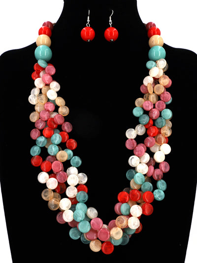 Womens Fashion Cord Layered Bead Multi Color Statement Necklace Set, Gift For Her