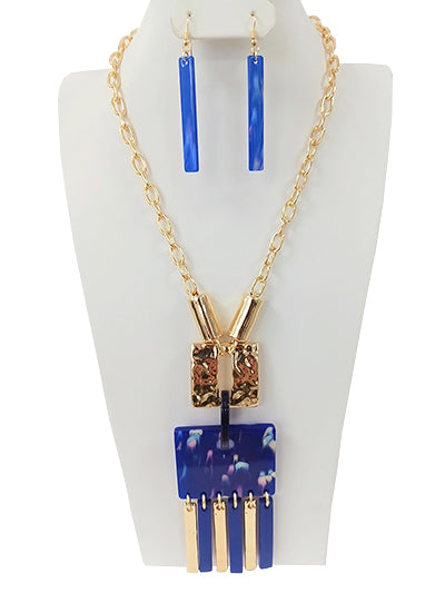 Women Fashion Blue and Gold Metal Chain Pendant Necklace Set, Gift for Her