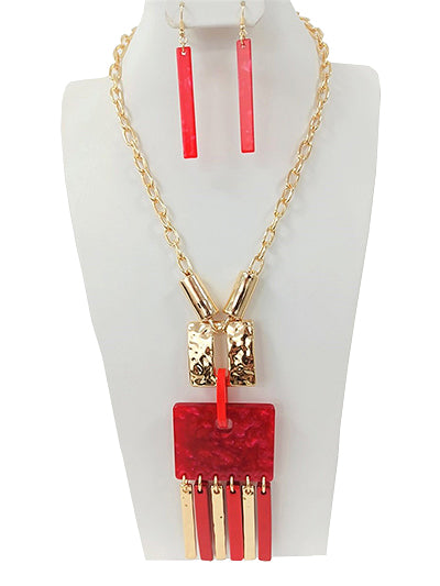 Women Fashion Red Metal Chain Pendant Necklace Set, Gift for Her