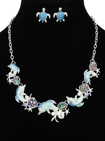 Womens Fashion Dolphin and Sealife Multi Charm Statement Necklace Set