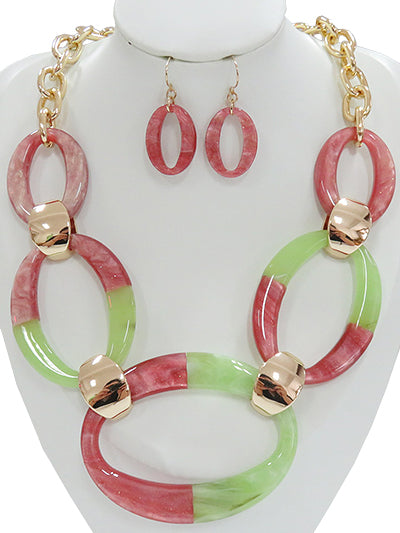 Pink and Green Lucite Link Statement Necklace, Womens Necklace Set Gift for Soror