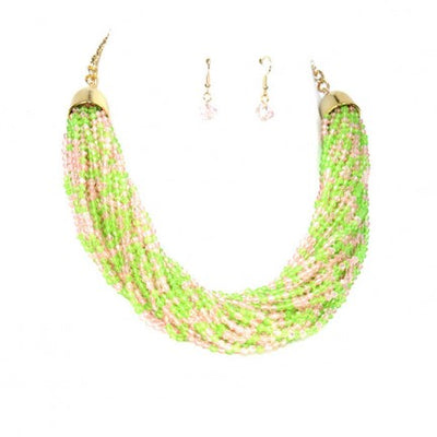 Pink and Green Blended Seed Bead Gold Finish Statement Necklace, Gold Plated Womens Necklace Set Gift for Soror