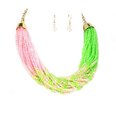 Pink and Green Seed Bead Gold Finish Statement Necklace, Gold Plated Womens Necklace Set Gift for Soror