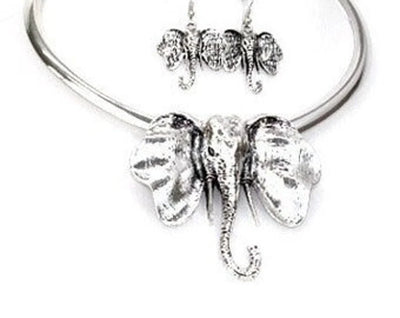 Womens Fashion Vintage Silver Plated Elephant Pendant Necklace Set