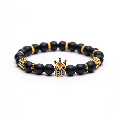 Fashion Mens Bracelet,Black and Gold Natural Stone Fashion Stretch King Crown Pendant Charm Bracelet