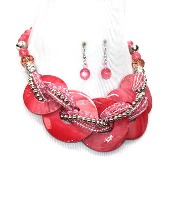 Pink Multi Twisted Beads Shell Disk Pendant Necklace Set - Beads Selavie