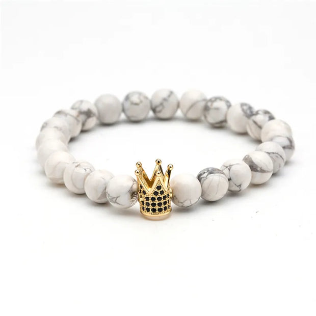 Fashion Mens Bracelet, White Natural Stone Mens Fashion Stretch King Charm Bracelet