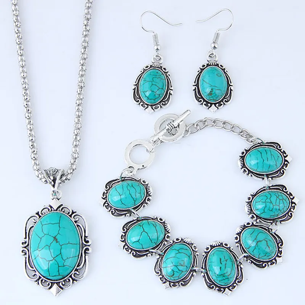 Big Pendants 3PCS/SET Women Jewelry Tibetan Silver CZ Crystal Chain Pendant  Necklace Earrings Set Round Turquoise Jewelry sets | Wish