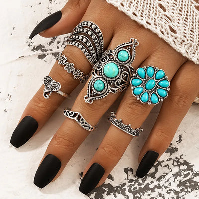 Fashion Turquoise Rings, Western Turquoise Western Boho Turquoise Ring Set