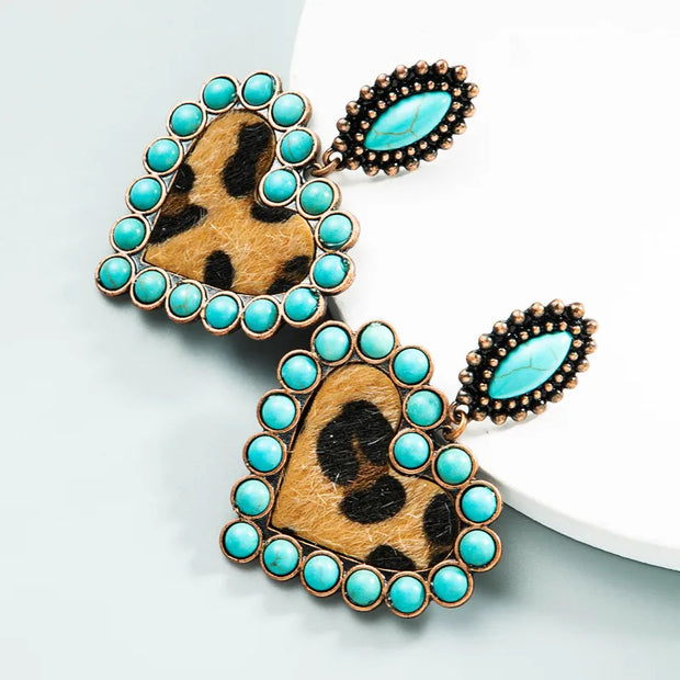 Fashion Turquoise Earrings, Western Turquoise Western Boho Heart Bohemian Leather Set