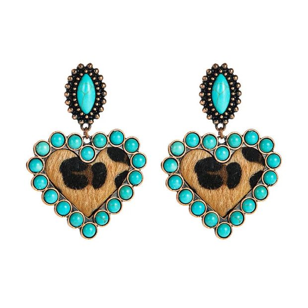 Fashion Turquoise Earrings, Western Turquoise Western Boho Heart Bohemian Leather Set