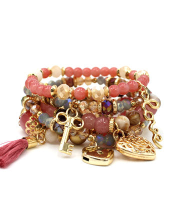 Womens Fashion Pink Gold Plated Metal Beads Stretch Bracelet, Gift for Her, Valentines Day Gift