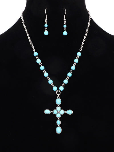 Fashion Cross Turquoise Necklace, Turquoise Cross Long Neck Womens Necklace Set