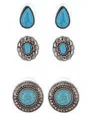 Fashion Turquoise Earrings, Trio Turquoise Western Semi Stone Turquoise Earring Set