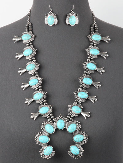Fashion Western Turquoise Necklace, Squash Blossom Turquoise Womens Necklace Set