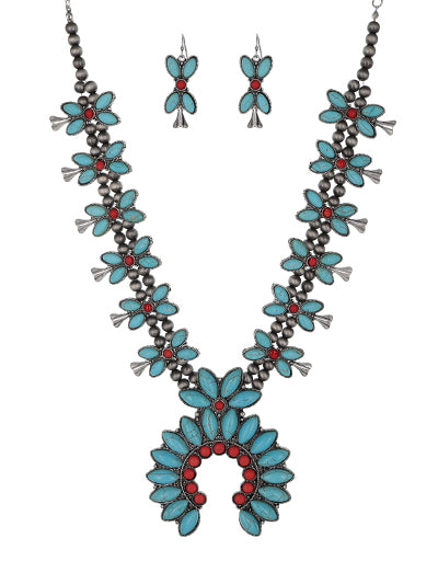 Fashion Western Turquoise Necklace, Turquoise Red Squash Blossom Womens Necklace Set, Western Jewelry