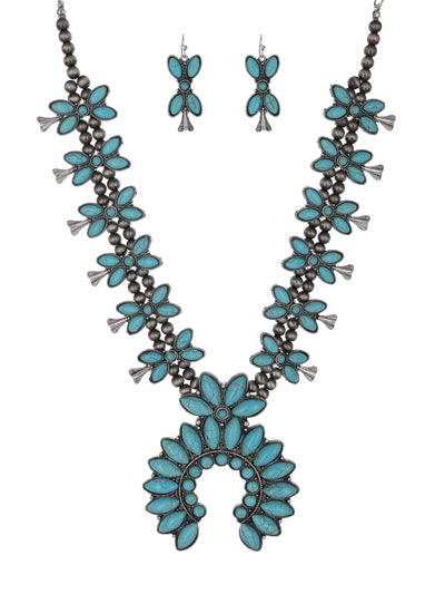 Fashion Western Turquoise Necklace, Turquoise Squash Blossom Womens Necklace Set, Western Jewelry