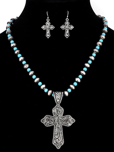 Fashion Western Turquoise Necklace, Turquoise Womens Navajo Necklace Semi Stone Cross Pendant Set