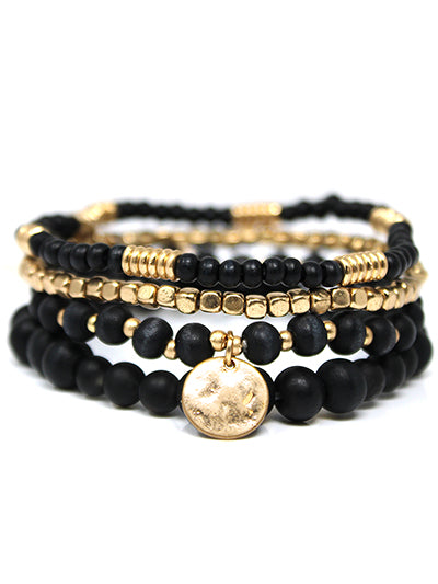Womens Fashion Bracelet, Natural Black Wooden Gold Charm 4 Piece Stretch Bracelet Set