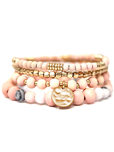 Womens Fashion Bracelet, Natural Pink Wooden Gold Charm 4 Piece Stretch Bracelet Set