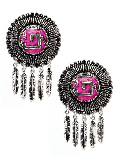 Fashion Pink Earrings, Vintage Aztec Shield Pink Silver Tone Womens Earring Set