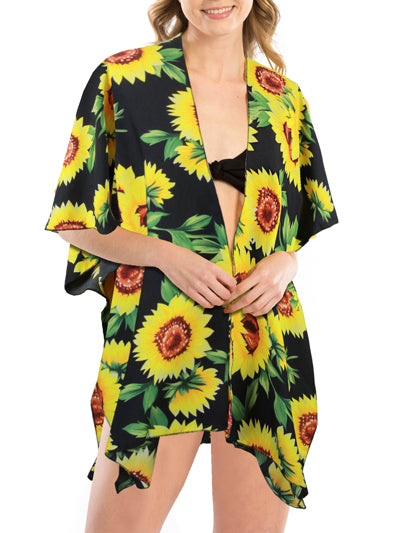Black Polyester Sunflower Cover Up Womens Flower Shawl Beach Cover Up