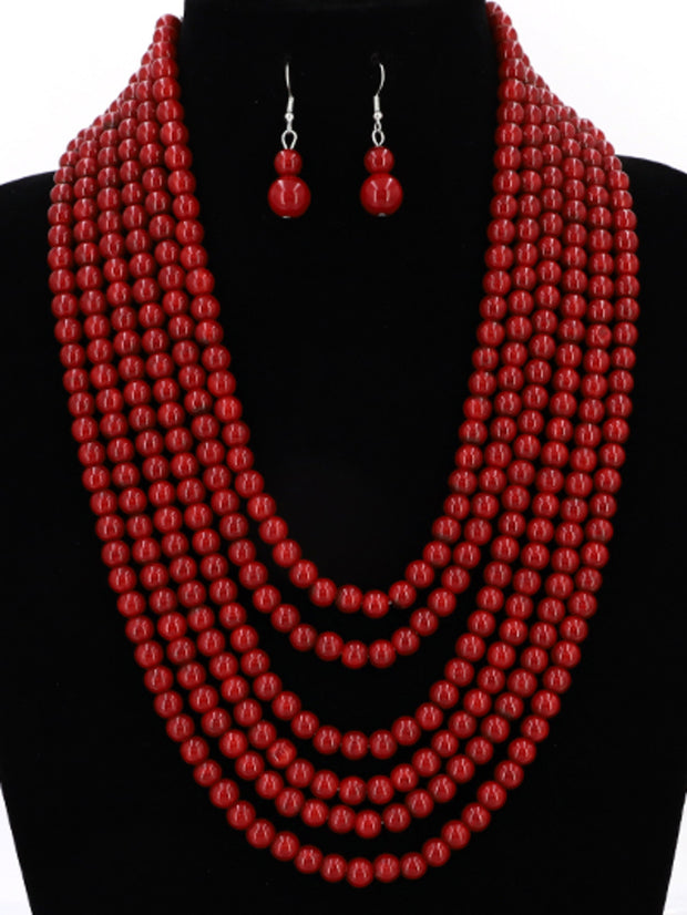 Fashion Red Pearl Necklace, Red Multi Strand Necklace Set, Gift for Her, Gift for Soror