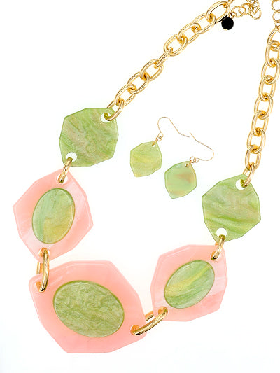 Womens Fashion Pink and Green Gold Plated Statement Necklace Set Gift for Her