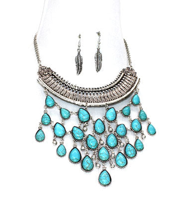 Turquoise Silver Metal with Turquoise Stone Feather Necklace Set - Beads Selavie