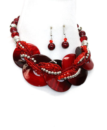 Red Delta Sigma Theta Inspired Multi Twisted Beads Shell Disk Pendant Necklace Set - Beads Selavie
