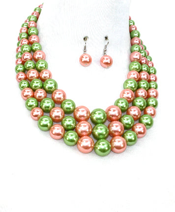 Pink and Green Pearl Alpha Kappa Alpha Inspired 3 Strand Necklace Set - Beads Selavie