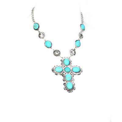 Fashion Western Turquoise Necklace, Turquoise Womens Necklace Stone Cross Pendant Set