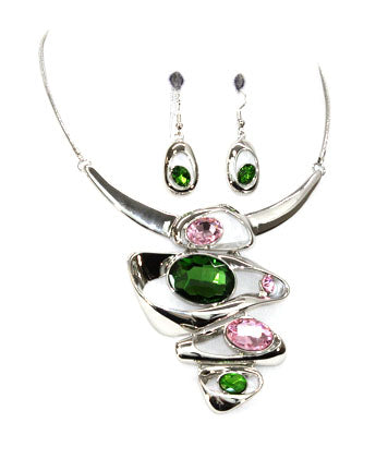 Alpha Kappa Alpha Green & Pink Silver Plated Metal Finish Stone Statement Necklace Set - Beads Selavie