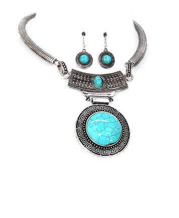 Antique Turquoise Silver Plated Metal Circle Omega Choker Necklace Set - Beads Selavie