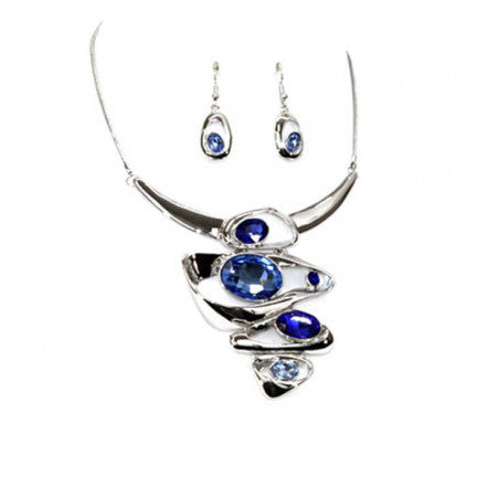 Womens Fashion Blue Necklace, Silver Plated Blue Necklace Set