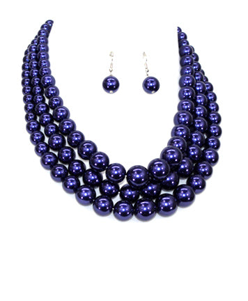Fashion Womens Blue Plastic Pearl 3 Strand Necklace Set Statement Necklace