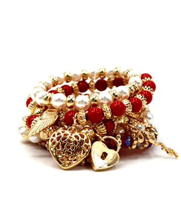 Womens Fashion Gold Plated Metal Finish Matt Red & Pearl Beads Multi Strand Stretch Bracelet