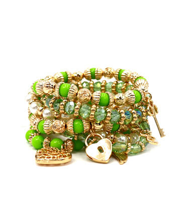 Womens Fashion Green Metal Finish Matt Beads Multi Strand Stretch Bracelet