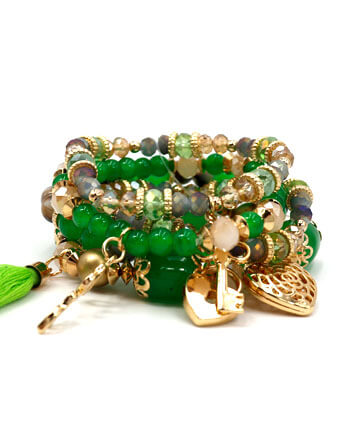 Womens Fashion Dark Green Metal Finish Matt Beads Multi Strand Stretch Bracelet