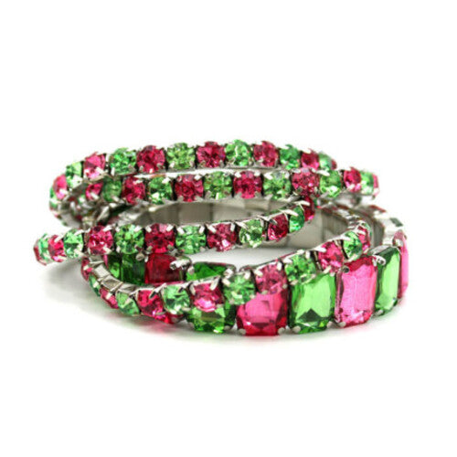 Womens Fashion Pink and Green Silver Plated Stone Bracelet Set