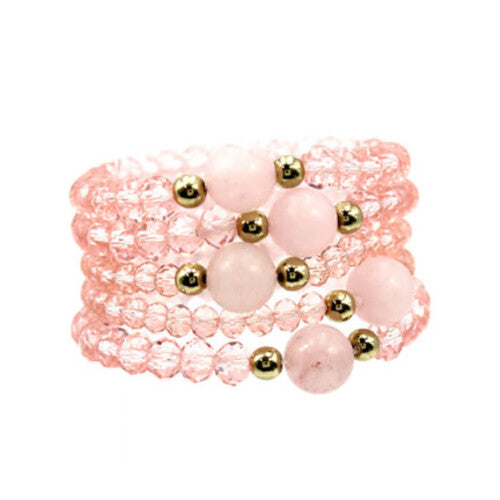 Womens Fashion Pink Bracelet, Glass Beads and Silver Plated Stone Bracelet Set